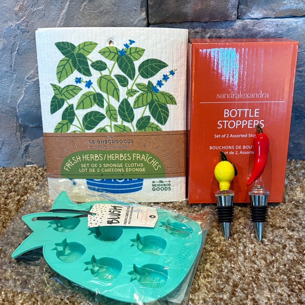 Fun Kitchen Additions: All New. Silicone ice mold, Bottle stoppers and sponges.